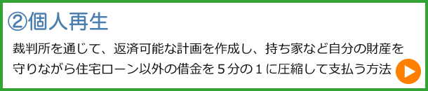 個人再生：裁判所を通じて、返済可能な計画を作成し、持ち家など自分の財産を守りながら住宅ローン以外の借金を５分の１に圧縮して支払う方法