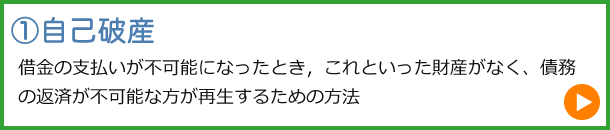 自己破産：借金の支払いが不可能になったとき，これといった財産がなく、債務の返済が不可能な方が再生するための方法